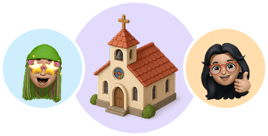 Ilustrasi gereja dan dua jemaat untuk Ibadah Raya