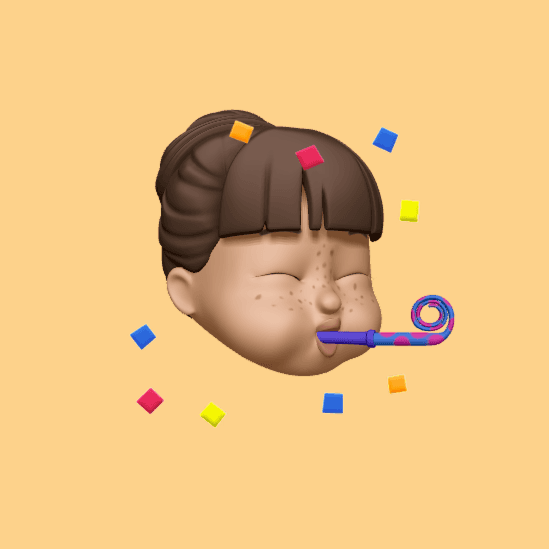 Memoji meniup terompet pesta dengan latar oranye