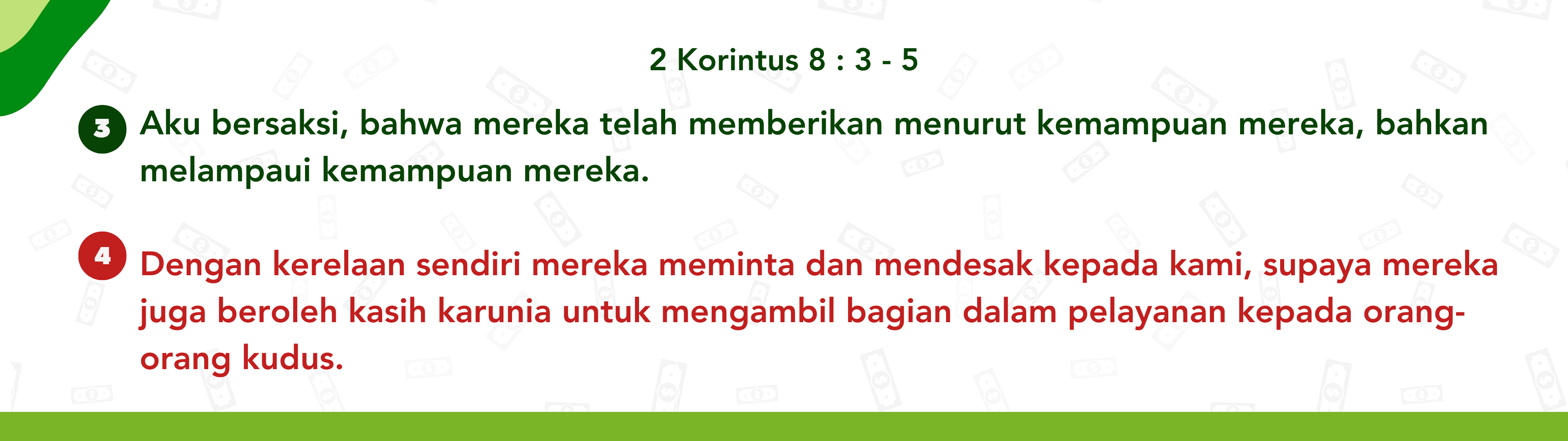 2 Korintus 8:1–5: memberi menurut kemampuan dan menyerahkan diri kepada Tuhan